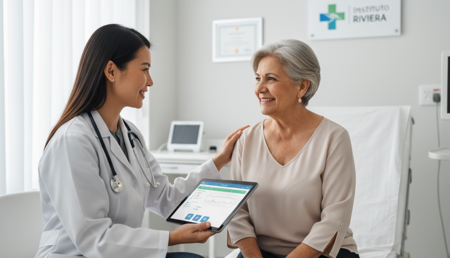 Paciente idosa sorrindo durante consulta médica
